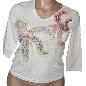 Chico's Floral Colada Top With Sequin Accents Women's Size 2